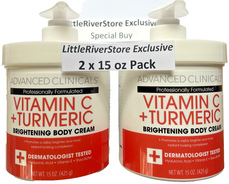 2X15oz Advanced Clinicals Vitamin C Turmeric Brightening Face Body Cream