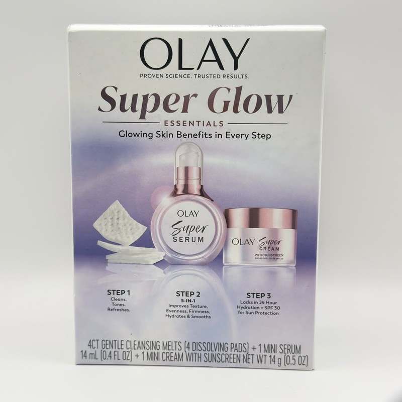 Olay Super Glow Essentials 3-Step Kit Serum Cream Cleanser Set New Skincare New