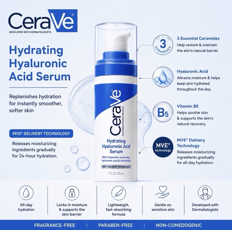 CeraVe Hydrating Hyaluronic Acid Serum Face Vitamin B5 Ceramides - 1 Oz gallery