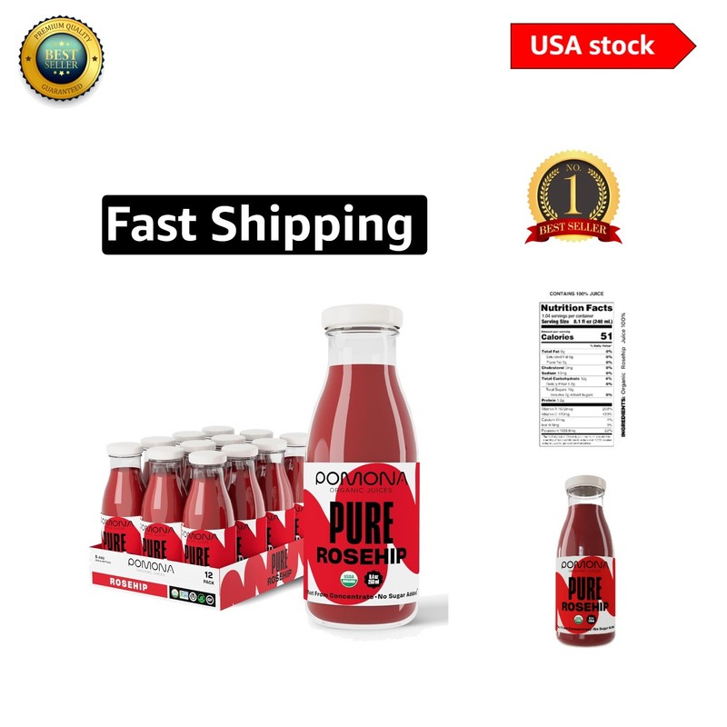 Cold Pressed Organic Rosehip Juice in Non-Toxic Glass – 12 x 8.4 oz