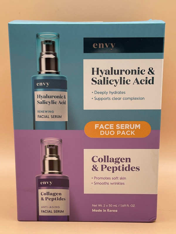 Envy face Serum Duo Pack – Hyaluronic & Salicylic Acid. Collagen & Peptides