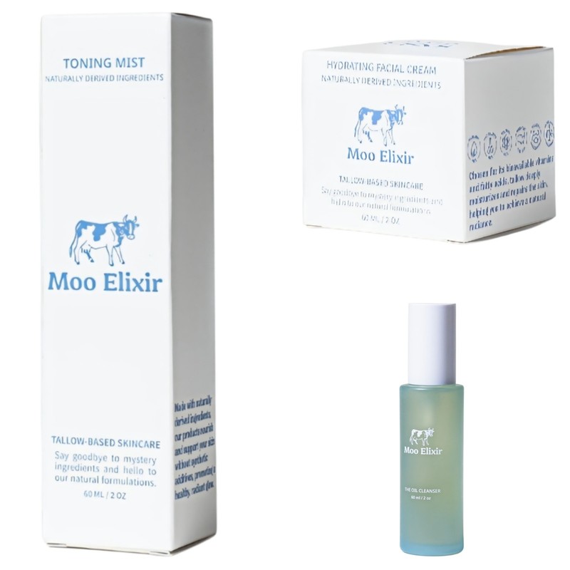 Moo Elixir – Tallow Based Skincare -3 Pc Set- Facial Cream/Toning Mist/Cleanser