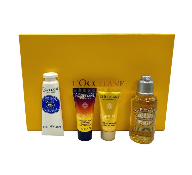 L’Occitane Nourish & Glow 4 Piece Travel Set Immortelle Cream, Amande Oil, Serum