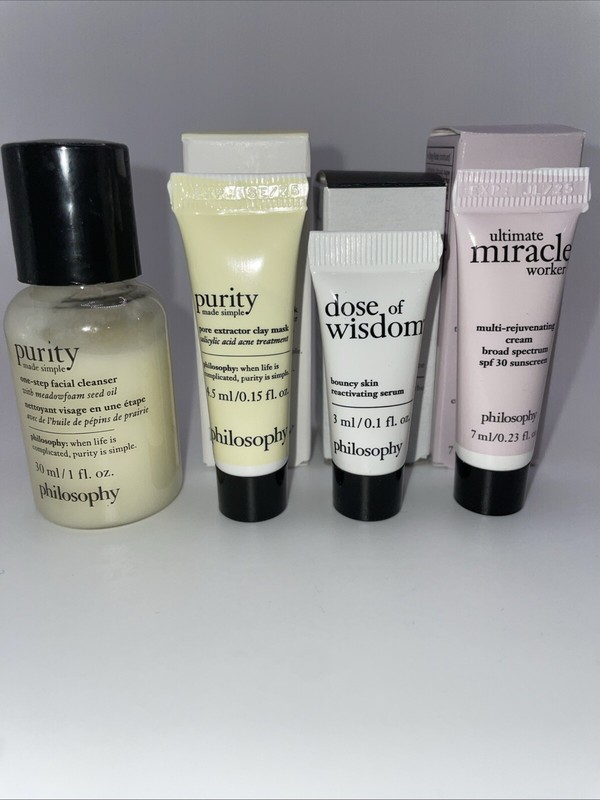 4Pc Philosophy Skin Sample Set~Purity Cleanser,Mask,Serum, Moisturizer SPF30