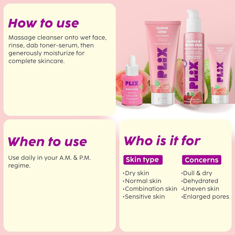 PLIX Guava & Roses Skin Care Regime Cleanser Serum SPF50 Combo For Men & Women gallery