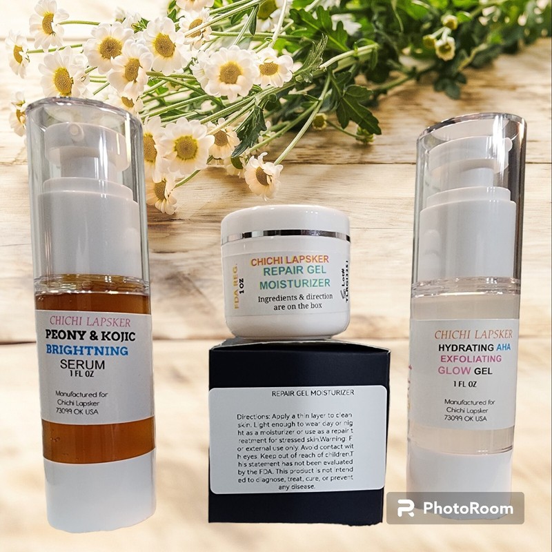A combo of face repair serum, exfoliant and gel/Face serum anti-aging products gallery
