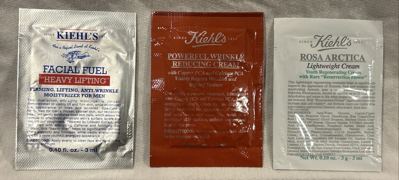 3x KIEHL’S SAMPLE PACKETS Powerful Wrinkle Reducing, Facial Fuel, Rosa Arctica