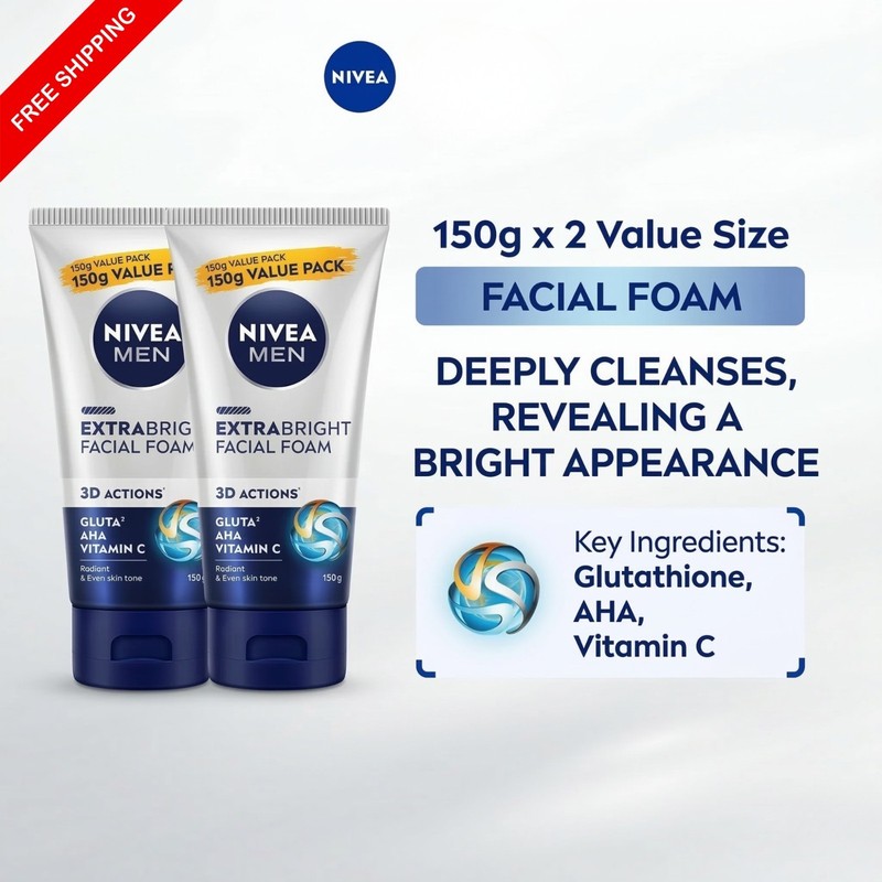 2 x 150g NIVEA Men Extra Bright Facial Foam Face Wash Vitamin C AHA Glutathione