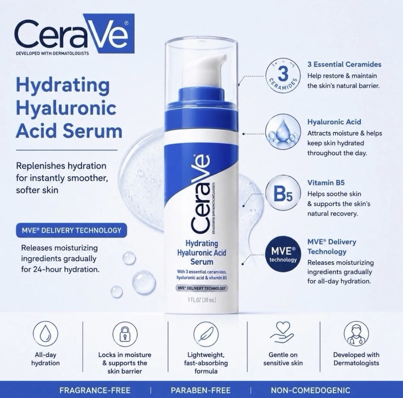 CeraVe Hydrating Hyaluronic Acid Serum Face Vitamin B5 - 1 Oz - Pack of 2 gallery