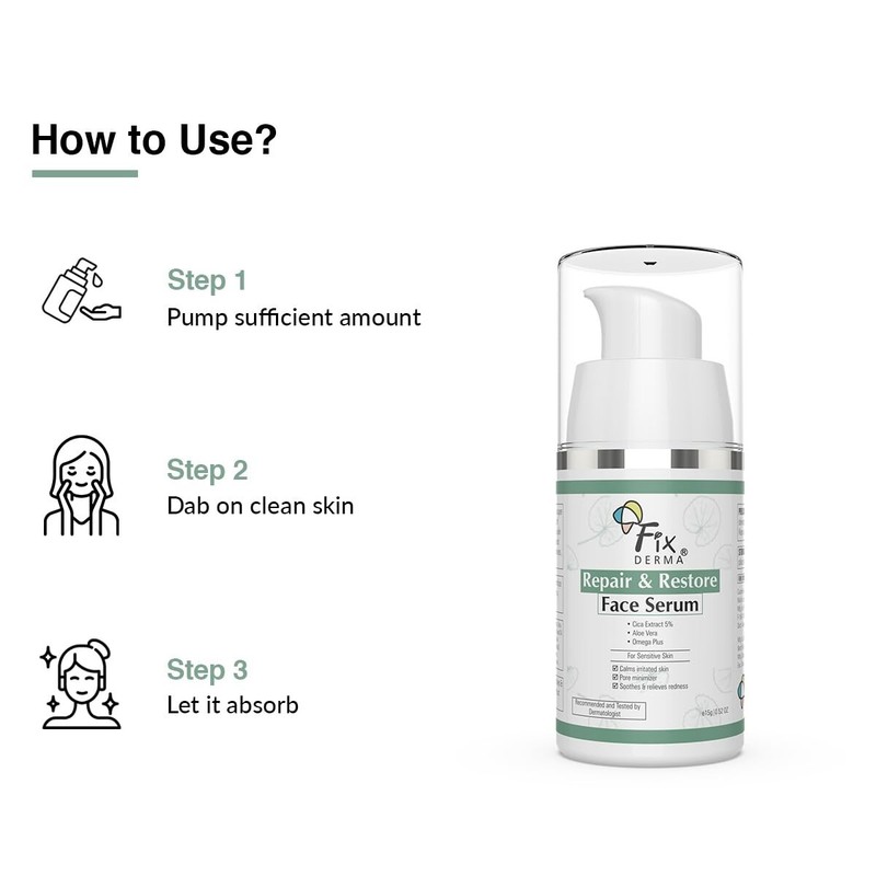 Fixderma 5% Cica Extract Repair & Restore Face Serum for Sensitive Skin - 15 gm gallery