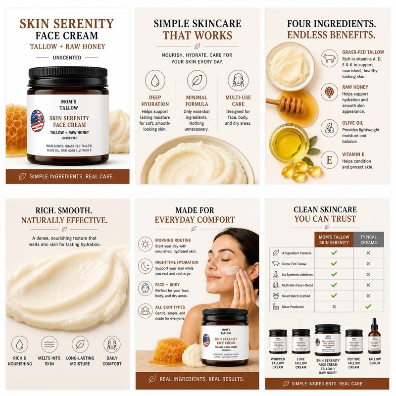 Mom's Tallow 100% Grass Fed Beef Tallow for Skin Care with Raw Honey | Face +... gallery