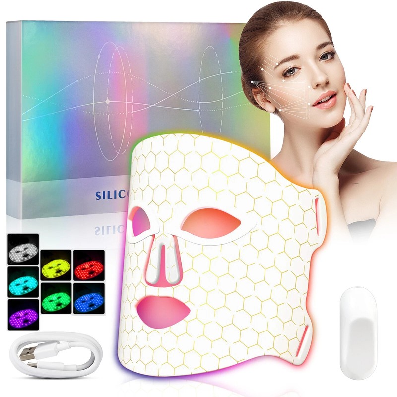7 Color LED Face Mask Light Therapy Wireless Silicone Red & Blue Anti-Aging Acne