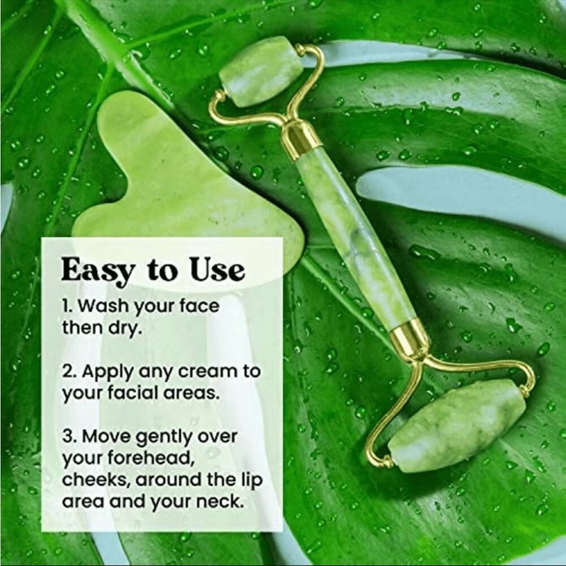 Natural Green Jade Facial Roller Skincare Tool Dual Ended Gold Tone Hardware NEW gallery