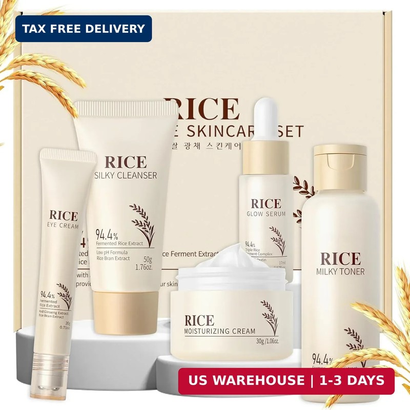 Skin Care Set, Korean Skin Care with Rice Cleanser, Toner, Serum, Eye Serum, Moi
