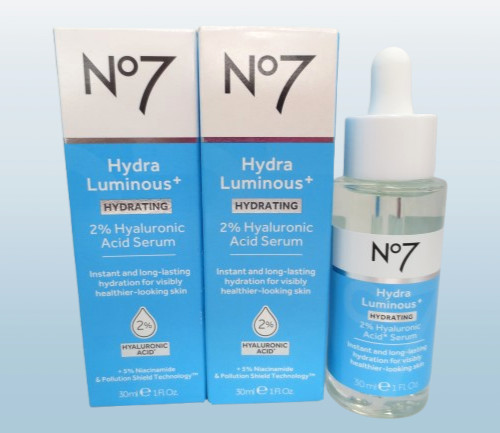 NO7 HYDRA LUMINOUS+ HYDRATING 2% HYALURONIC ACID SERUM 1 OZ BOXED LOT OF 2