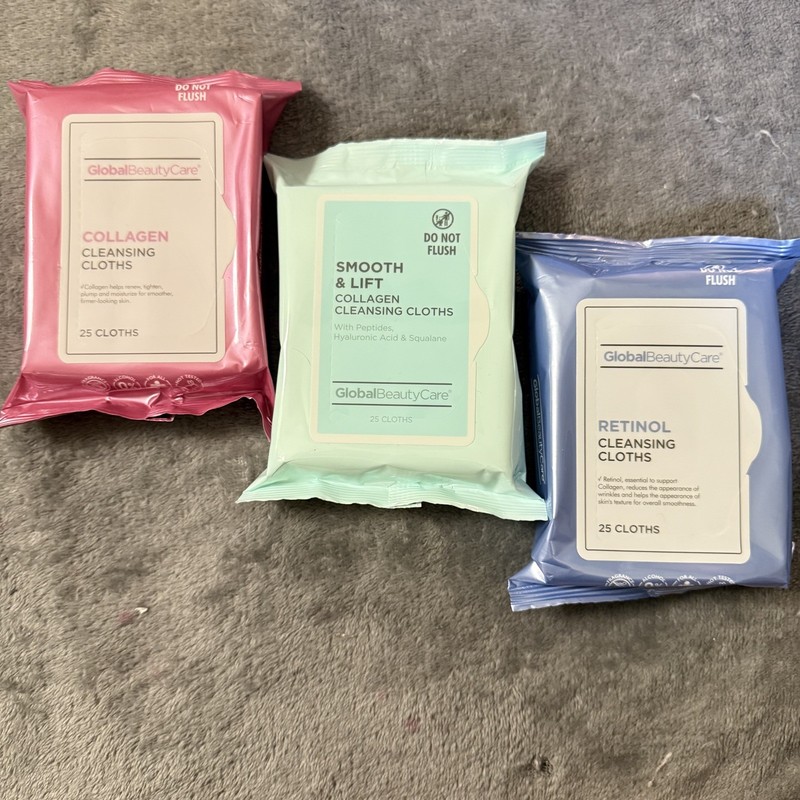 Global Beauty Care 3 pk Cleansing Wipes -25 Ea Collagen, Smooth&Lift, Retinol