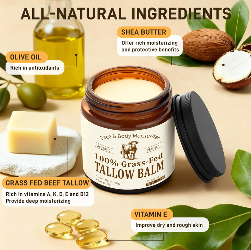 Beef Tallow for Skin & Face, Organic Grass Fed Beef Tallow Balm, Unscented Natur gallery