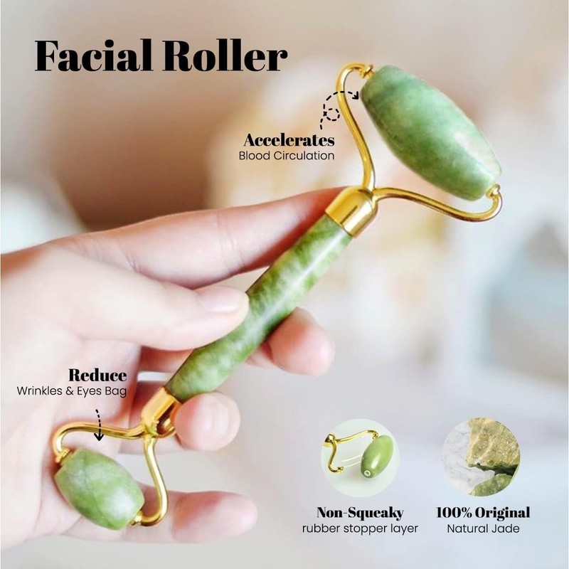 Jade Roller Face Scraper - Facial Wrinkle Therapy Neck Face Eyes - Gua Sha Tool gallery
