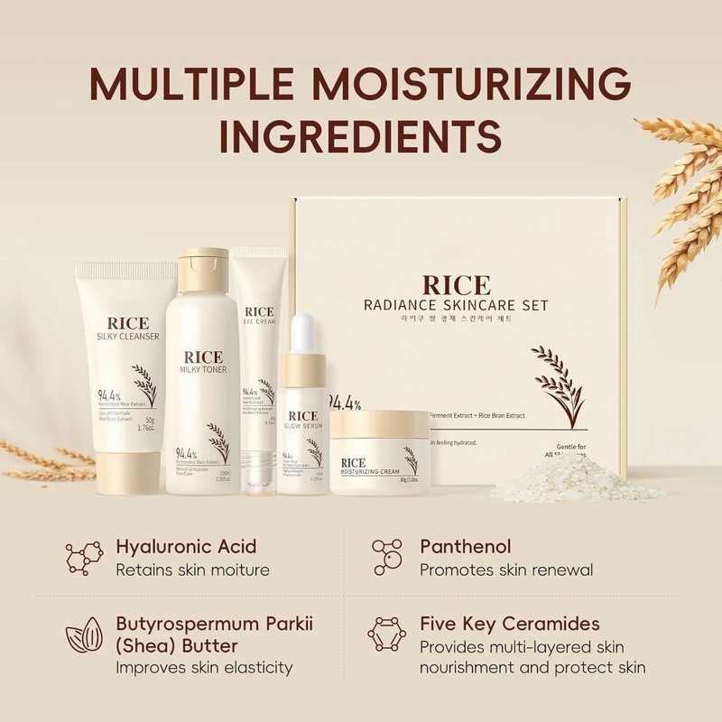 Skin Care Set, Korean Skin Care with Rice Cleanser, Toner, Serum, Eye Serum, Moi gallery