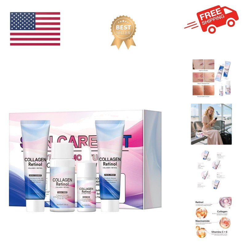 Travel Skincare Set, Collagen Retinol Face Wash, Toner, Anti-Aging Serum & Mo…