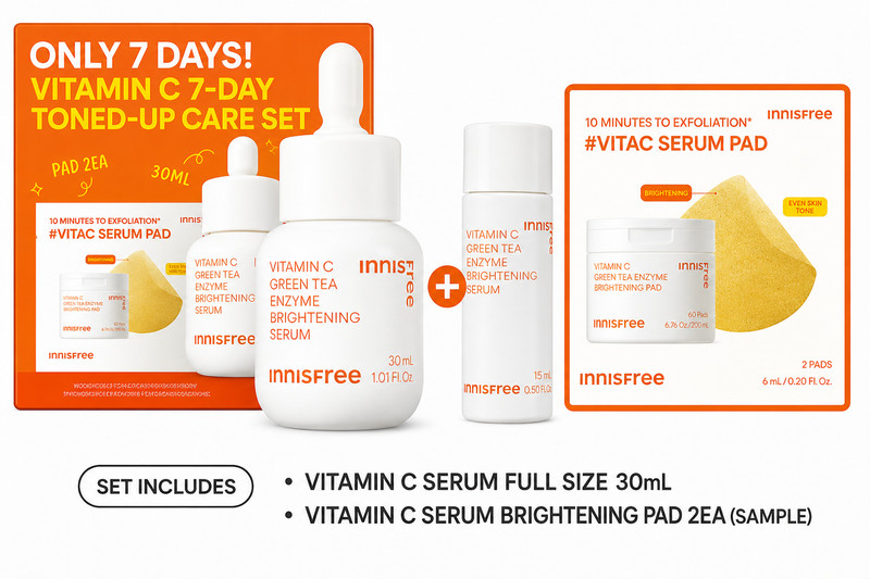 Innisfree Vitamin C Dark Spot Brightening Serum Set 30ml 15ml 2 Pads K-Beauty
