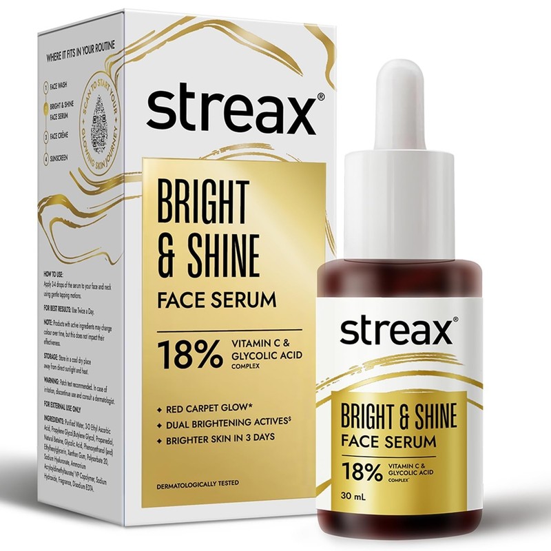 Streax Bright & Shine Face Serum, 30 ml 10% Vitamin C, Glycolic acid Dark Spots