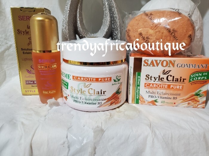 3pcs Style-clair Body Cream, Serum & Exfoliating Soap. 48hrs Hydration