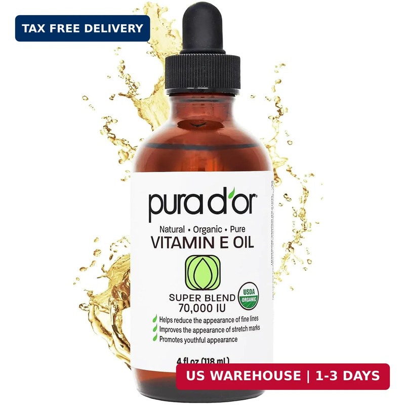 PURA D’OR 4 Oz Organic Vitamin E Oil 70,000 IU, USDA Certified Face, Body, Hair