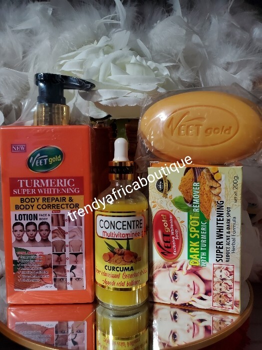 3pcs. VeetGold Turmeric Whitening Body Repair Lotion, Soap & TUMERIC SERUM 👌👌
