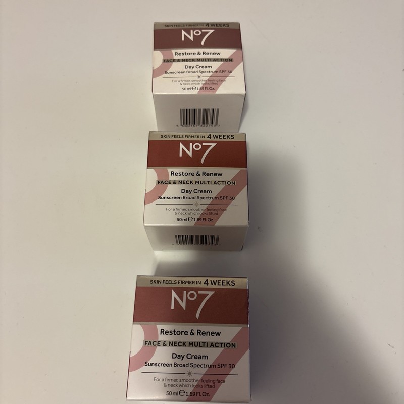 Lot Of Three No7 Restore & Renew SPF30 Face & Neck Multi Action Day Cream 03/27 gallery
