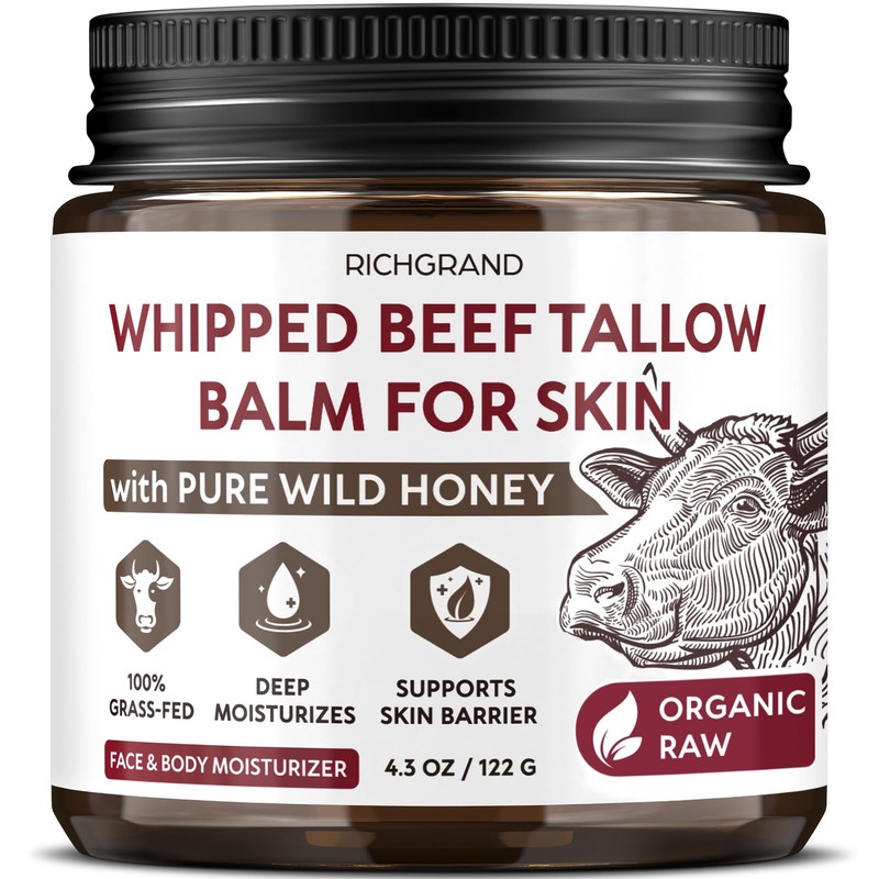 RICHGRAND Beef Tallow for Skin – Whipped Tallow and Honey Balm – Grass Fed Be…