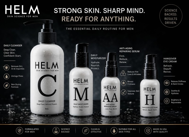 Helm Anti-Aging, Repairing Serum, Eye Cream, Daily moisturizer, Cleanser for Men