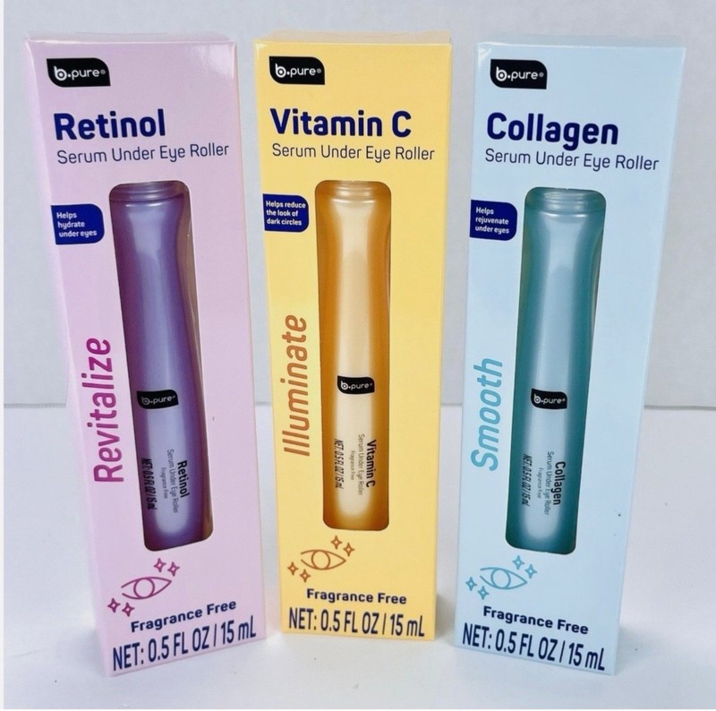 B Pure Under Eye Serum Roller Set of 3 Retinol, Vitamin C, Collagen