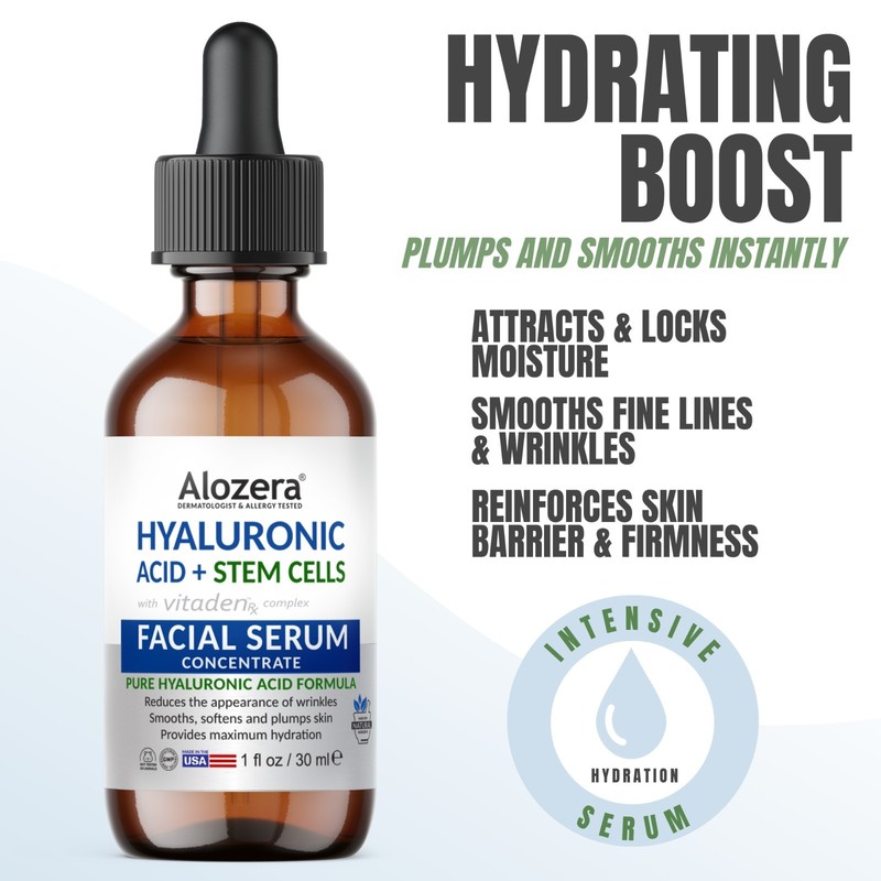 Alozera Hyaluronic Acid Serum with Stem Cells for Face - Deep Hydrating 1oz gallery