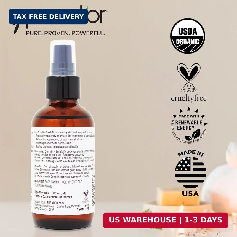 PURA D'OR 4 Oz ORGANIC Rosehip Seed Oil 100% Pure Cold Pressed USDA Certified An gallery