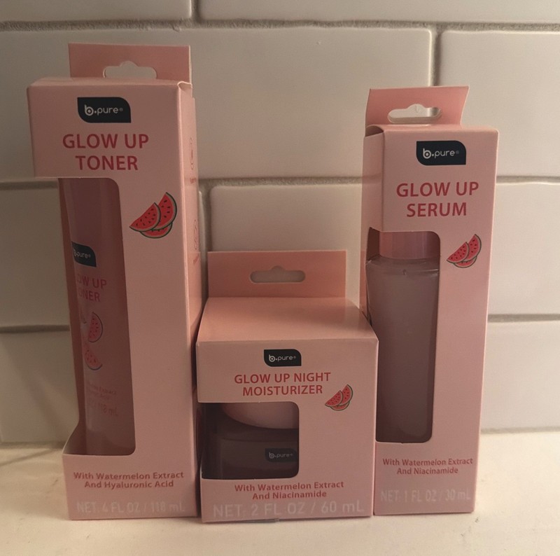 NIB B Pure Glow Up Recipe Set Of 3 Watermelon Toner, Serum, Moisturizer