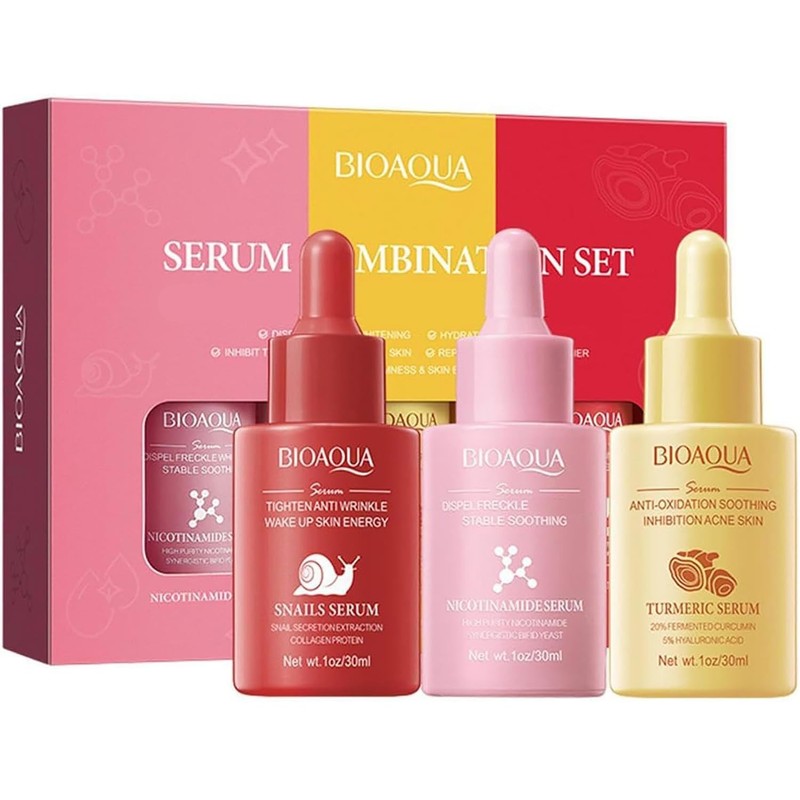 BIOAQUA 3in1 Facial Serum Combination Set Nicotinamide Turmeric Snail 3x 30ml