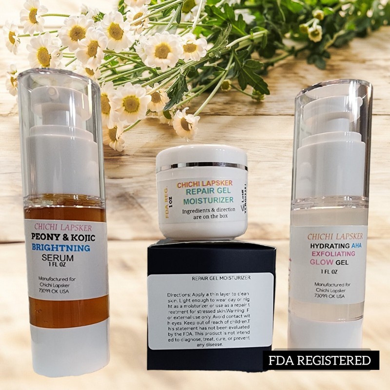A combo of face repair serum, exfoliant and gel/Face serum anti-aging products