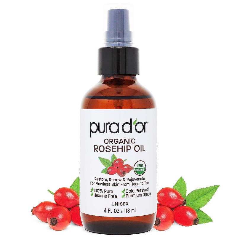 PURA D’OR Dor Organic Rosehip Seed Oil 100% Pure for Anti-Aging Skin & Hair, 4oz