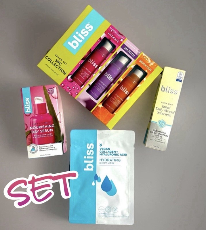 Bliss mini Serums, Glow Hydrate FULL SIZE & Tinted Daily Mineral SPF30 FREE MASK