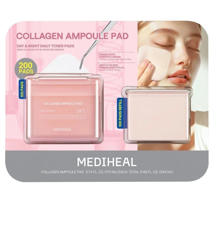 MEDIHEAL Collagen Ampoule Pad 100 + 100 count refill Total 200 탄력 콜라겐