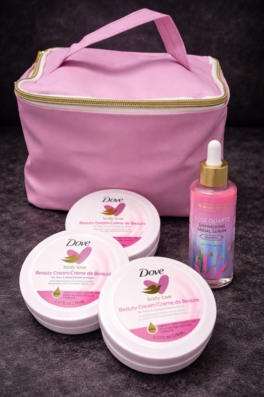 Dove Beauty Cream 3 Pack + Rose Quartz erum Pink Cosmetic Bag Skincare Gift Set
