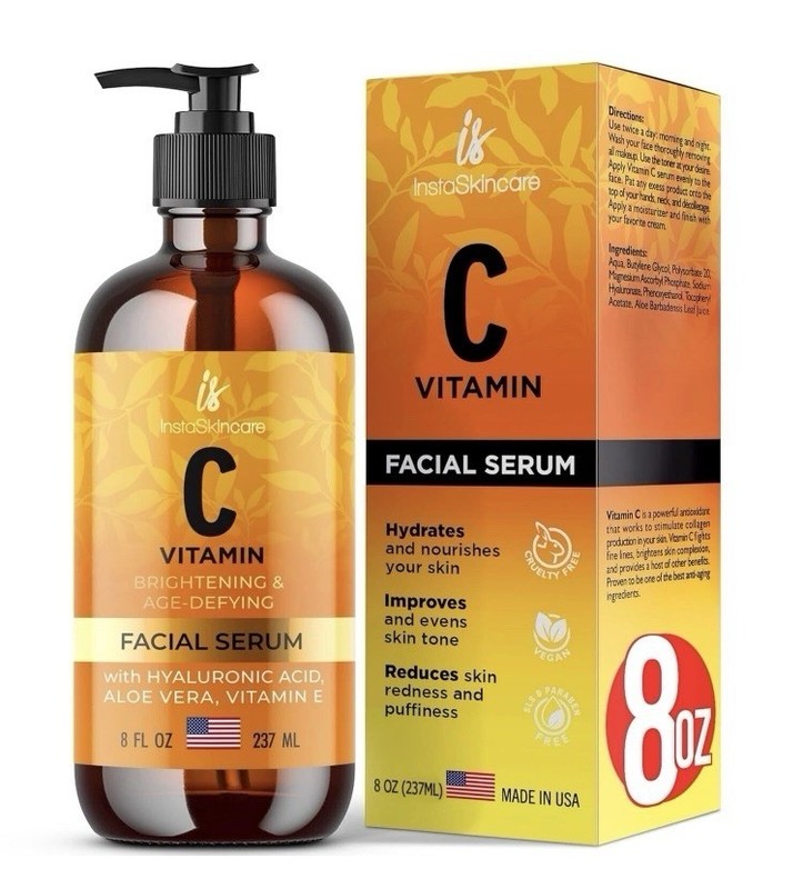 InstaSkincare Vitamin C Serum 8oz Brightener Hyaluronic Acid Aloe Vera Vegan