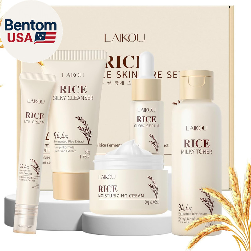 Skin Care Set, Korean Skin Care with Rice Cleanser, Toner, Serum, Eye Serum, Moi