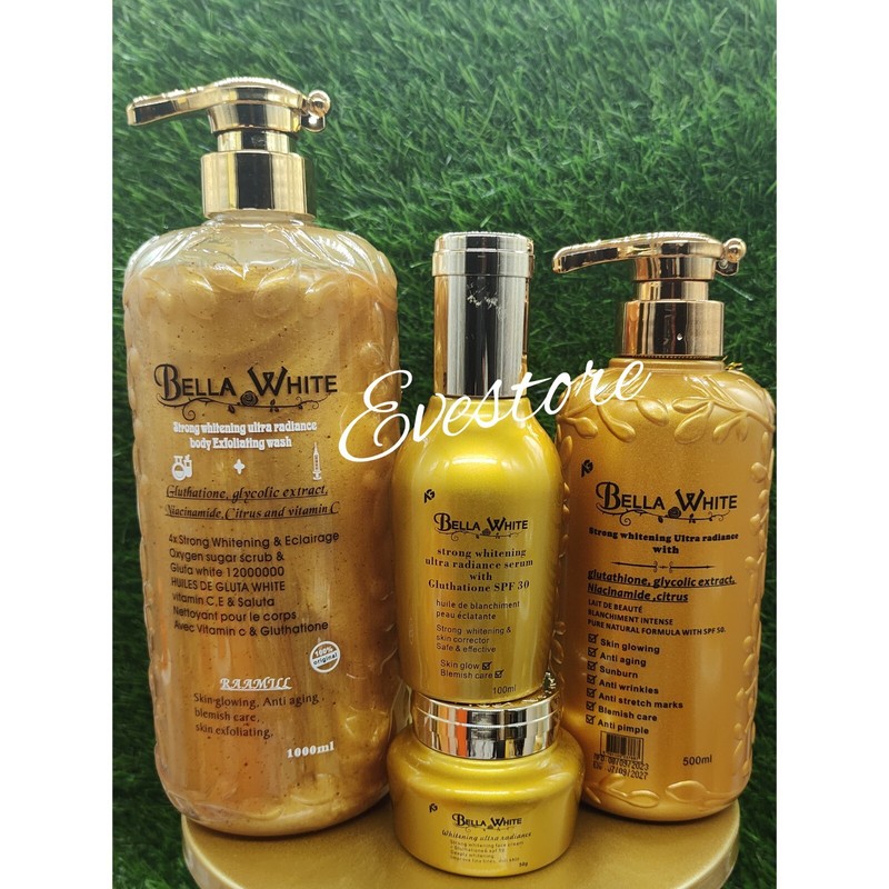 Bella-white Ultra Radiance Whitening Body Lotion, Serum, F.Cream & Shower Gel👌