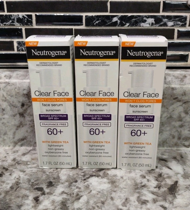 Lot of 3 – Neutrogena Clear Face Serum Sunscreen with Green Tea, SPF 60+ 1.7oz