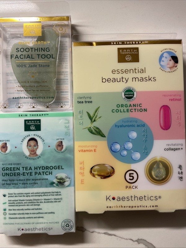 Earth Therapeutics Set Beauty Masks, Hydrogel Eye Patch & Jade Facial Tool New